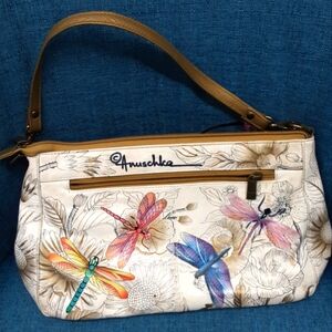 Anuschka Cream Shoulder Bag with Multicolor Dragonflies